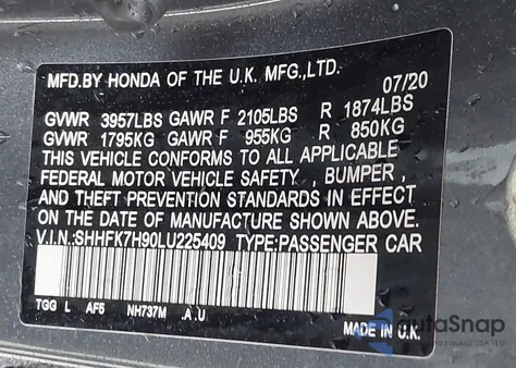 2020 Honda Civic Sport Touring from USA, damaged, VIN SHHFK7H90LU225409